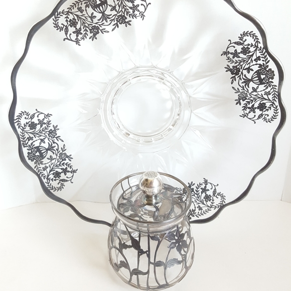 Sterling Silver Embossed Glass Jar & Plate VINTAGE Weidlich Bros.